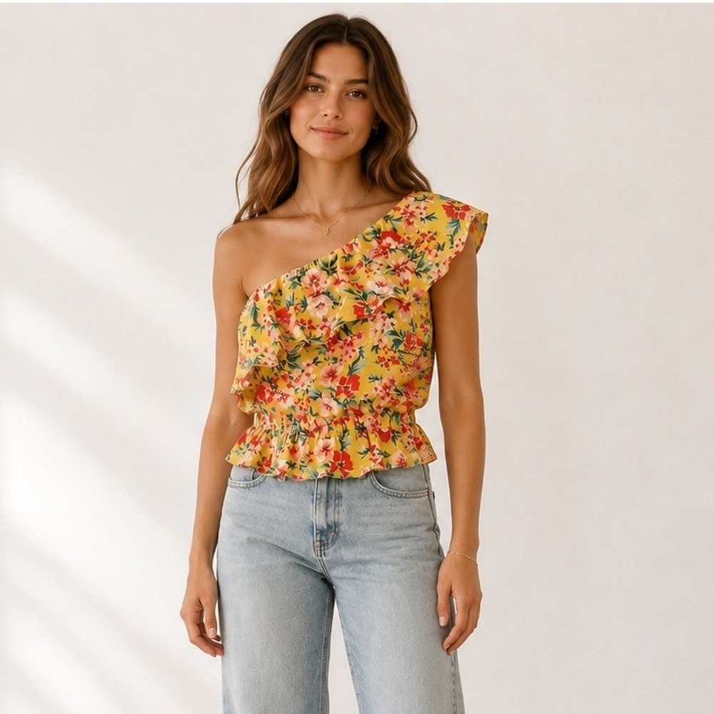American Eagle One Shoulder Floral Ruffle Smocked Crop Top Yellow Boho Size S